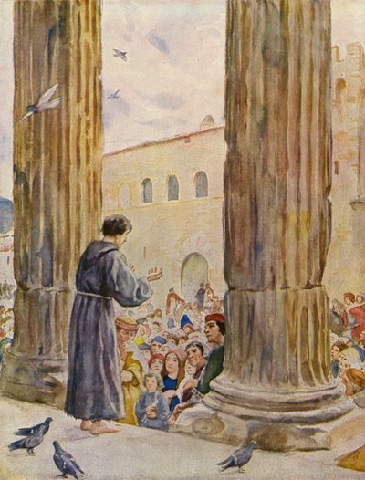 Franciszek wygłaszający swoje pierwsze kazanie (kolorowa litografia) autorstwa German School