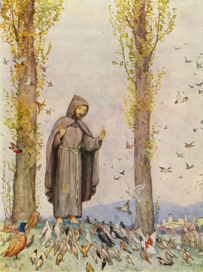 Święty Franciszek głoszący kazanie ptakom (kolorowa litografia) autorstwa German School