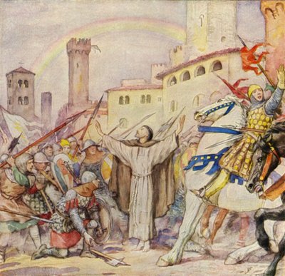 Franciszek zapobiegający ulicznej bitwie w Sienie (kolorowa litografia) autorstwa German School