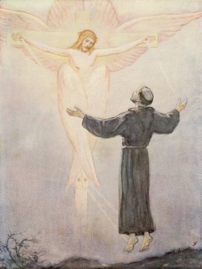 Franciszek otrzymujący stygmaty (kolorowa litografia) autorstwa German School