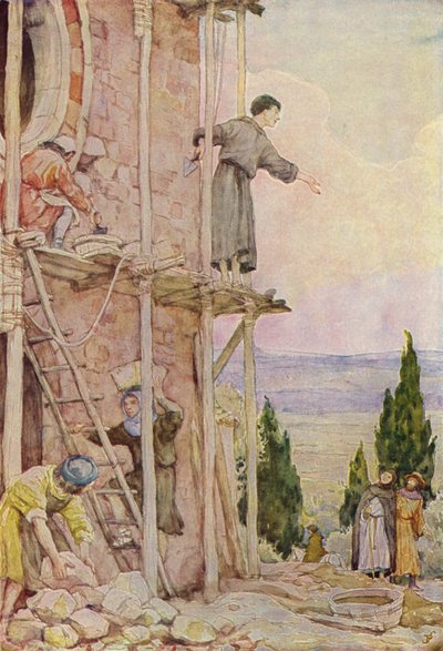 Franciszek odnawiający kościół San Damiano (kolorowa litografia) autorstwa German School