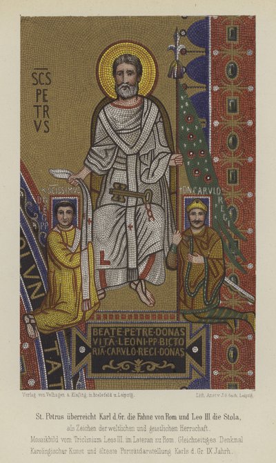 Św. Piotr przedstawiający Karolowi Wielkiemu flagę Rzymu i stułę papieża Leona III (kolor lito) autorstwa German School