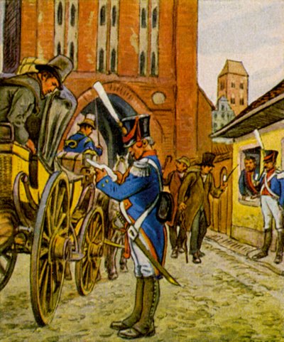 Stadtsoldaten Am Tor / Żołnierze miejscy przy bramie (kolorowa litografia) autorstwa German School