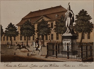 Posąg generała von Ziethena na Wilhelm Platz, Berlin (akwaforta kolorowa) autorstwa German School
