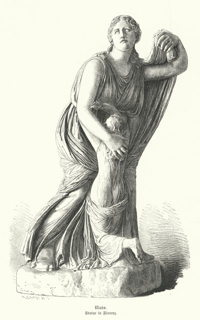 Statua Niobe chroniąca jedno ze swoich dzieci przed Artemidą i Apollem (rycina) autorstwa German School