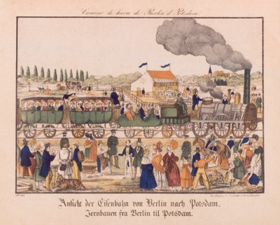 Kolej parowa między Berlinem a Poczdamem, Neuruppiner Bilderbogen, ok. 1840 r. autorstwa German School