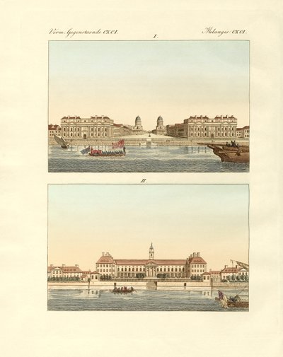 Dziwne budynki w Anglii (kolorowy grawerunek) autorstwa German School