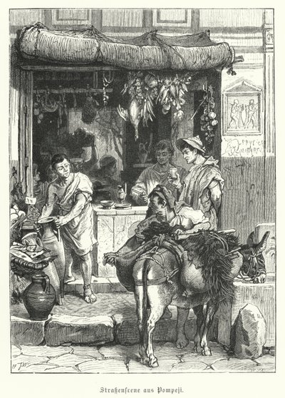 Scena uliczna w starożytnym rzymskim mieście Pompeje (rycina) autorstwa German School