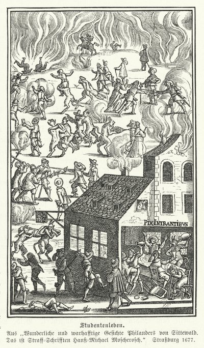 Życie studenckie: scena z Blicke Philanders von Sittewald, Johann Michael Moscherosch (rycina) autorstwa German School