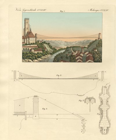 Most wiszący we Freiburgu w Szwajcarii (kolorowy grawerunek) autorstwa German School