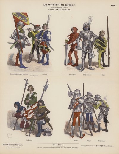 Szwajcarskie stroje wojskowe z XV wieku (kolorowe grawerowanie) autorstwa German School