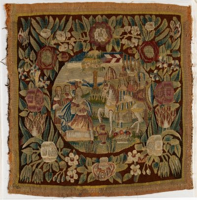 Gobelinowa poszewka na poduszkę przedstawiająca Dawida i Abigail, Samuela XXV, wykonana prawdopodobnie w Hamburgu, Niemcy, ok. 1615 r. (wełna) autorstwa German School