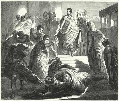 Tarquinius Superbus zabija swojego teścia Serviusa Tullusa, aby objąć tron ​​rzymski (rycina) autorstwa German School