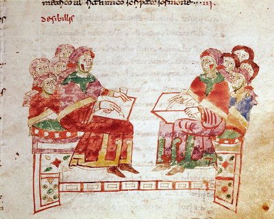 Scena nauczania w szkole miniatur zaczerpnięta z tomu „de Gymnasium” w „De Universo” (lub De rerum naturis (De la Nature des choices)) (kod 132) Rabanus Maurus Magnentius (lub Raban Maur lub Rabano Mauro) ( ok. 780-856). IX wiek. Archiwum autorstwa German School