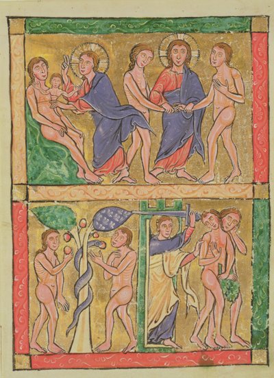 Stworzenie, małżeństwo, pokusa i wypędzenie Adama i Ewy, 1200 (wc na welinie) autorstwa German School