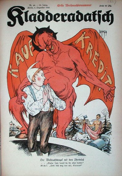 „Demon kredytu”, karykatura z magazynu „Kladderadatsch”, Berlin autorstwa German School