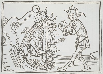 Diabeł Belial przed bramami piekieł, z Das Buch Belial, opublikowany w Augsburgu, 1473 autorstwa German School