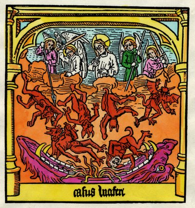 Upadek Lucyfera i zbuntowane anioły, ilustracja z egzemplarza „Biblia Pauperum” autorstwa German School
