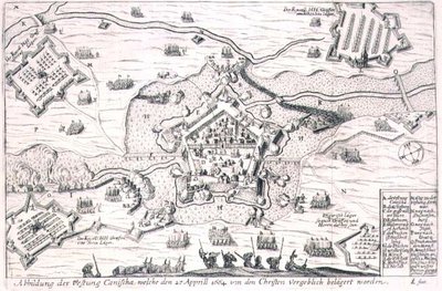 Forteca Canischa bezskutecznie oblegana przez chrześcijan w 1664 r., ilustracja z książki o kampaniach osmańskich w Europie, rytowana przez Paula Fursta (ok. 1605-1666) (rycina) autorstwa German School