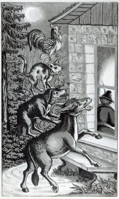 Cztery zwierzęta krzyczące do okna, ilustracja do Muzyków z Bremy, bajka braci Grimm autorstwa German School