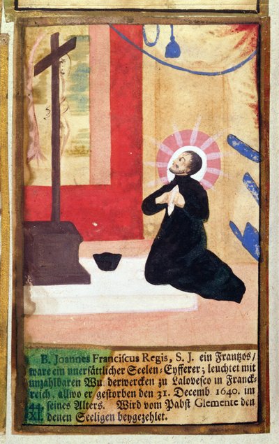 Francuski ojciec jezuita Jean Francois Regis (1597-1640) klęczący przed krucyfiksem, z Martyrologium jezuitów, 1688 autorstwa German School