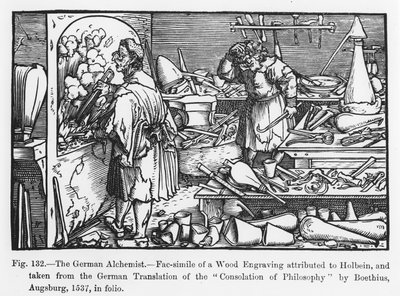 Niemiecki Alchemik, z Pocieszenia Filozofii Boecjusza, ilustracja z Nauki i literatury w średniowieczu i renesansie, napisana i rytowana przez Paula Lacroix, 1878 (b autorstwa German School