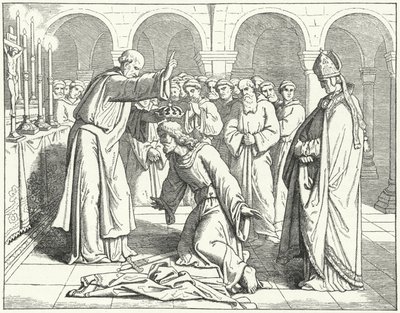Cesarz Świętego Rzymu Henryk II otrzymuje błogosławieństwo w klasztorze św. Wita w Verdun autorstwa German School