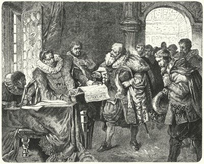 Cesarz Rzymski Rudolf II przyznający czeskim protestantom większą swobodę religijną w swoim Liście Królewskim autorstwa German School