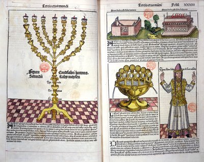 Menora i ksiądz hebrajski, z Kroniki norymberskiej Hartmanna Schedla (1440-1514) 1493 (kolorowy drzeworyt) autorstwa German School