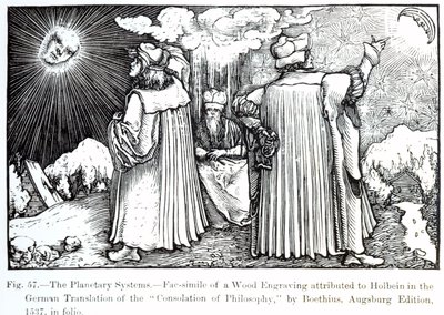Układy planetarne, z The Consolation of Philosophy Boecjusza, opublikowane w 1537, ilustracja z Science and Literature in the Middle Ages and Renaissance, napisana i rytowana przez Paula Lacr autorstwa German School