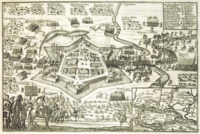Oblężenie Neuhausel przez Turków w 1663 r., ilustracja z książki o kampaniach osmańskich w Europie, rytowana przez Paula Fursta (ok. 1605-66) autorstwa German School