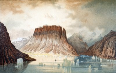 Góra Teufelschloss (Zamek Diabłów) w Kejser Franz Joseph Fjord, wyd. Londyn, 1874 autorstwa German School