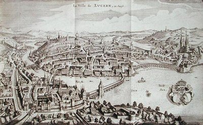 Miasto Lucerna, Szwajcaria, z „Itinera Alpina” Johanna Jacoba Scheuchzeriego, wydana w 1706 r. (rycina) autorstwa German School