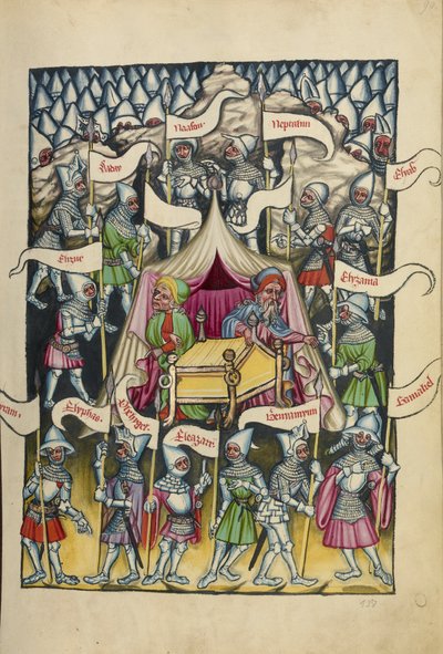 Dwanaście plemion Izraela z Weltchronik Ms 33 fol.94, ok. 1400-10 (tempera, farba złota i srebra, tusz na pergaminie) autorstwa German School
