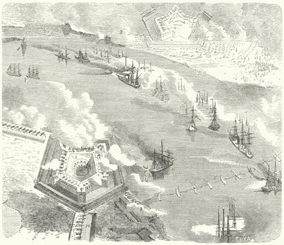 Flota Unii atakująca Fort Jackson i Fort St Philip w stanie Luizjana, wojna secesyjna, 1862 r. autorstwa German School
