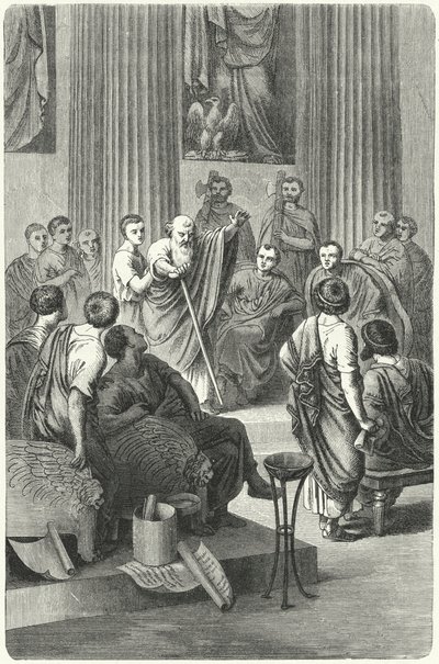 Niewidomy Appius Klaudiusz Caecus przemawiający w senacie rzymskim przeciwko Kineasowi, ambasadorowi Pyrrusa z Epiris, 279 pne (rycina) autorstwa German School