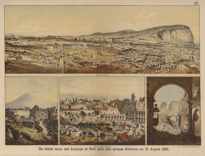 Miasta Arica i Arequipa w Peru po wielkim trzęsieniu ziemi z 13 sierpnia 1868 (kolor lito) autorstwa German School