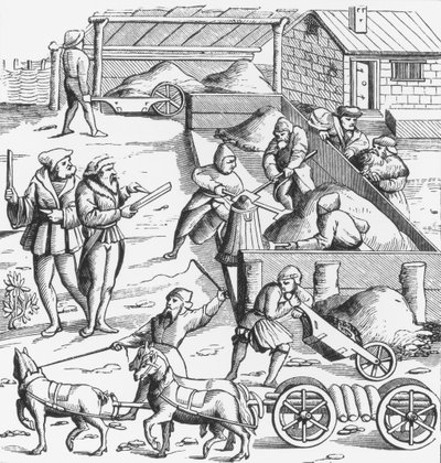 Wydobycie metali, według drzeworytu w Cosmographie Universelle of Munster, opublikowanego 1552 autorstwa German School
