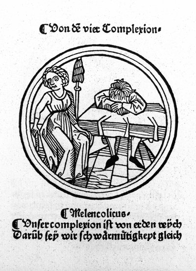 Cztery temperamenty: melancholijny (smutny i przygnębiony). Ksylografia, Augsburg 1480. autorstwa German School