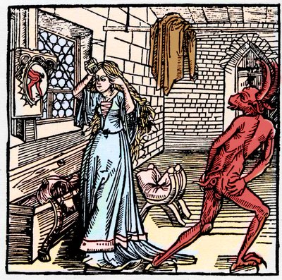 Podziwiająca się w lustrze dama widzi tylko odbicie tyłka Demona - symbol Próżności - Zuchwałe postępowanie diabła wobec zalotnej kobiety - w „Der Ritter von Turn” Rycerza Marquarda vom Steina autorstwa German School