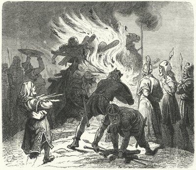 Legendarny król szwedzki Sigurd Hring spalający ciało Haralda Wartootha po bitwie Bravellir (rycina) autorstwa German School