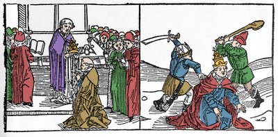 Męczeństwo św. Fabiena (III wiek), papież torturował wówczas dekapitę, za panowania cesarza Dece Grawer z „Leben der Heiligen - sommerteil” (Księga świętego) Jakuba (Jakuba) z Voragine (1228-1298). Lubeka 1488. autorstwa German School
