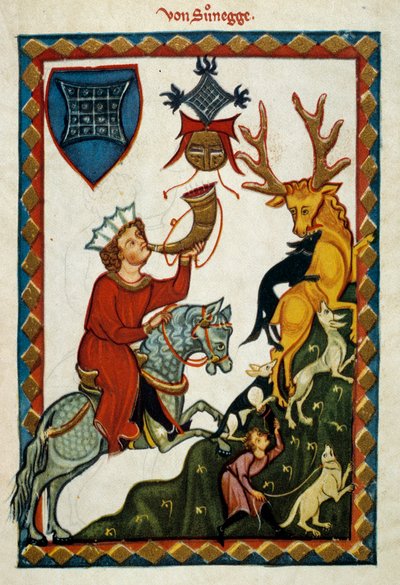 Przyjemności polowania: król Radin z Hohenstaufów, król Sycylii (Włochy) i Jerozolimy (Izrael) pod imieniem Konrad II, książę Szwabii pod imieniem Konrad III i król Rzymian pod imieniem Konrad V (1252 -1268) poluje na jelenie. Iluminacja autorstwa German School