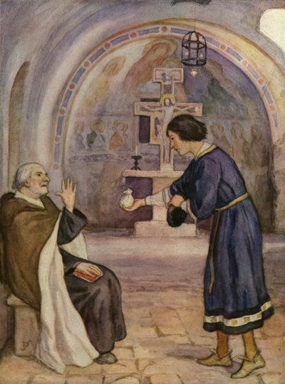 Ksiądz z San Damiano odrzucający dar św. Franciszka na remont swojego kościoła (kolorowa litografia) autorstwa German School