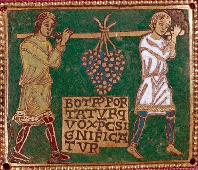 Powrót Jozuego i Kaleba z ogromną kiścią winogron z ziemi Kanaan (Ziemi Obiecanej) („Powrót Jozuego i Kaleba z Kanaanu (Ziemi Obiecanej) z kiścią winogron”) autorstwa German School