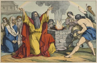 Ofiara Noego, ilustracja z LAncien Testament, wyd. Jakob Ferdinand Schreiber, Esslingen (kolorystyka) autorstwa German School