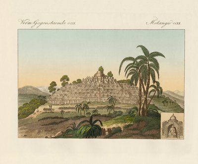 Świątynia Buddy Borobudur na Jawie (kolorowy grawerunek) autorstwa German School