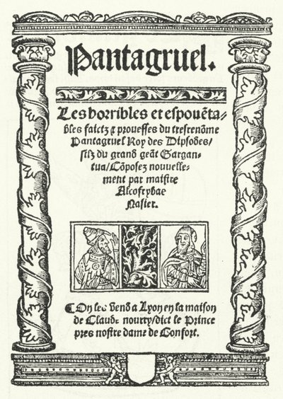 Strona tytułowa z najstarszego znanego wydania Pantagruela, powieści Francois Rabelais (rycina) autorstwa German School