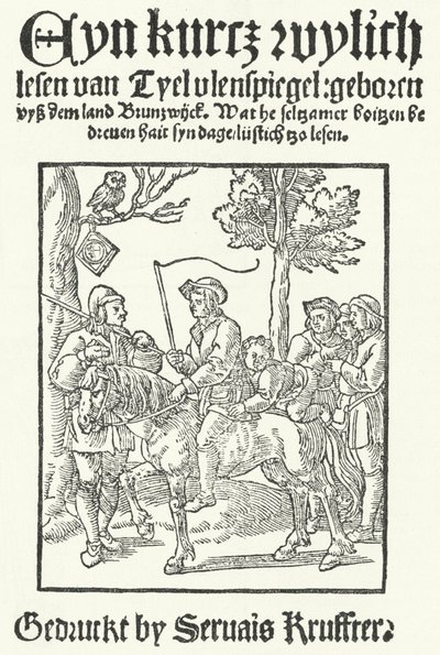 Strona tytułowa najstarszego znanego dolnoniemieckiego wydania Till Eulenspiegel, wydrukowane przez Servaisa Krufftera (rycina) autorstwa German School
