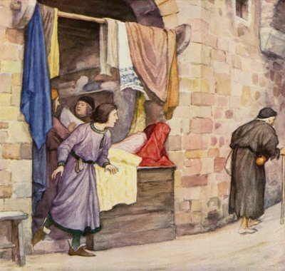 Młody święty Franciszek i żebrak (kolorowa litografia) autorstwa German School